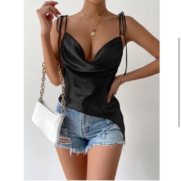 Black Color Glamorous Cowl Neck Tie Strap Camisole Top - Picture 3 of 16